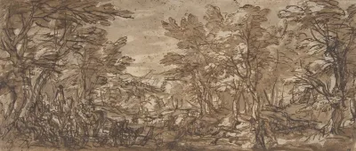 Forest Scene A Halt At The Left A Hunt At The Center