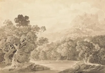 Forested River Bank Hill Town And Mountain Peaks In Distance