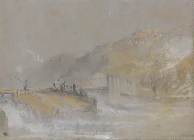 Foul By God River Landscape With Anglers Fishing From A Weir