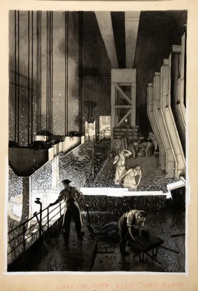 Foundry Scene Men Supervising Pouring Of Molten Metal