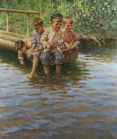 Four Boys On The Bank Jetty While Fishing