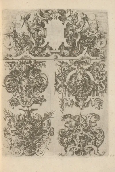 Four Cartouches In A Frame Of Scrollwork With Grotesques And The Top Cartouche Surrounded By Scrollwork Birds And Mascarons