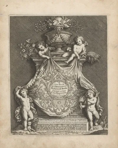 Four Cherubs Hold A Cloth With Text On It