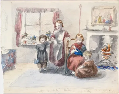 Four Children In An Interior With A Kettle Boiling On An Open Fire
