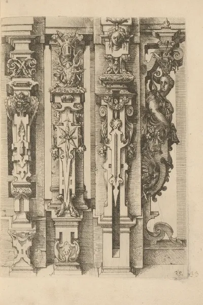 Four Corinthian Pilasters Decorated With Scrollwork Garlands And Mascarons And One Female Herm Seen From The Side
