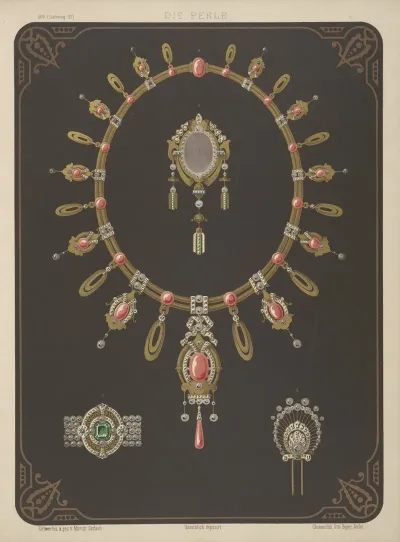 Four Designs For Jewelry Including Large Necklace With Pink Stones