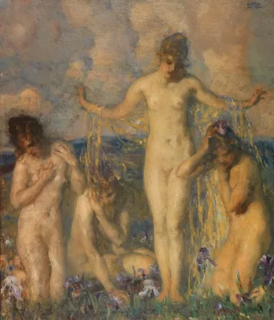 Four Female Nudes In A Meadow With Irises