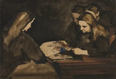 Four Girls Studying A Drawing