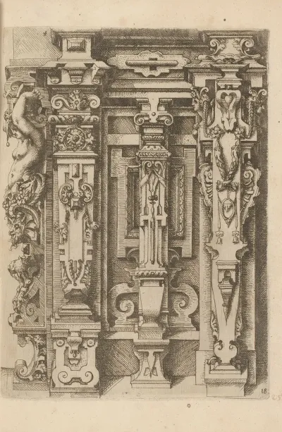 Four Ionic Pilasters Decorated With Scrollwork Foliage Mascarons And A Caryatid