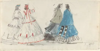 Four Ladies In Crinolines Walking At Trouville