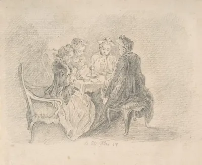 Four Ladies Sitting Around A Table Occupied With Needlework Reading And Writing