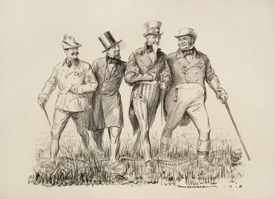 Four Men Walk Happily Together Through A Field Including Uncle Sam And A Man Representing Great Britain