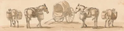 Four Mules With Panniers And A Cart