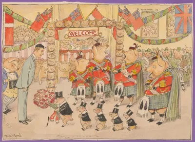 Four Pigs Wearing Kilts Sing While Five Pigs Wearing Top Hats Present A Man With A Bouquet Of Flowers