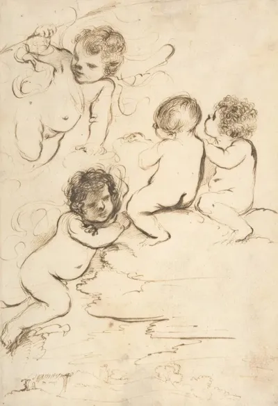 Four Putti With Bow And Arrows On Clouds Above A Landscape With A Tower
