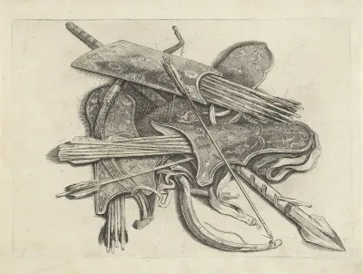 Four Quivers With Arrows Two Bows And A Spear Arranged On The Ground