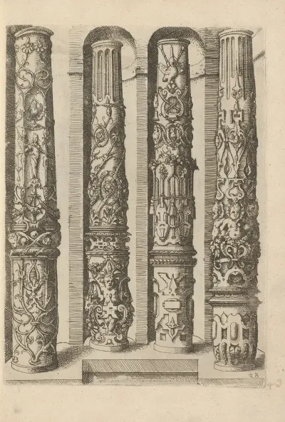 Four Shafts Of Composite Columns Decorated With Scrollwork Grotesques Laurel Wreaths And Garlands