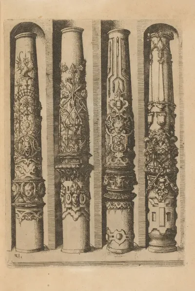 Four Shafts Of Corinthian Columns Decorated With Grotesques Mascarons Foliage And Scrollwork