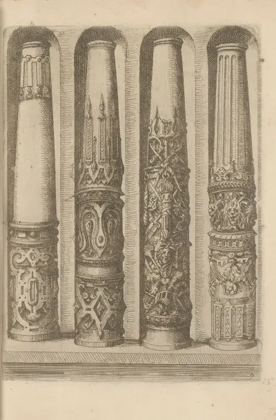 Four Shafts Of Doric Columns Decorated With Rustica Military Trophies Mascarons And Garlands