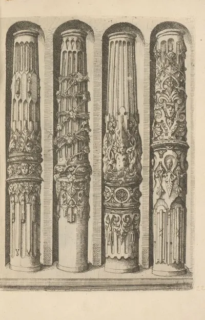 Four Shafts Of Ionic Columns Decorated With Foliage Mascarons Grotesques And Scrollwork