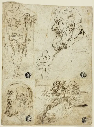 Four Sketches Standing Male Figure Profile Bust Of Bearded Man Profile Head Of Bearded Man Landscape