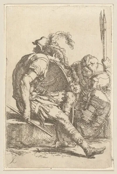 Four Soldiers One Seated On A Stone At The Left