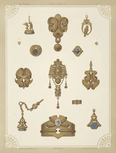 Fourteen Designs For Jewelry Including Gold Brooches And Pins Containing Blue Stones