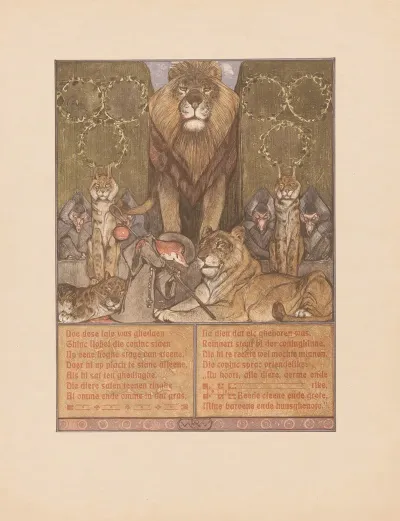 Fox In Monks Habit Reinaert At Feet Of Lion Nobel And Lioness Gentel Amid Other Animals