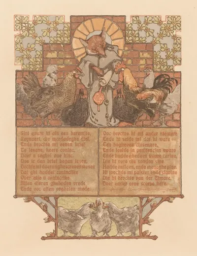 Fox In Monks Habit Reinaert Surrounded By Chickens And Rooster Cantecleer