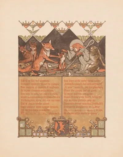 Fox In Monks Habit Reinaert With Hare Cuwaert Near Fox Hermeline And Cubs In Fox Den