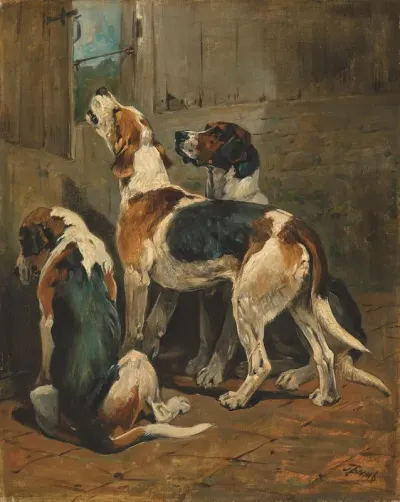Foxhounds At A Kennel Door