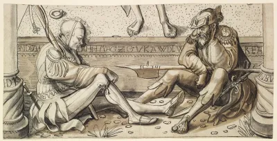 Fragment Eines Scheibenrisses Mit Zwei Grabwachtern