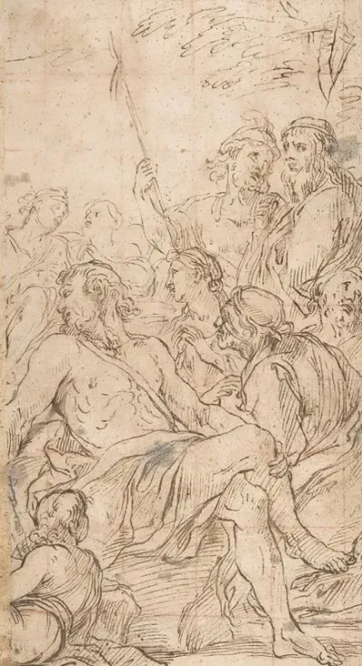 Fragment Of A Composition With A Reclining Semi Nude Man Surrounded By Soldiers And Other Onlookers In A Landscape