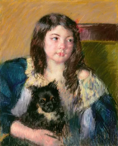 Francoise Holding A Little Dog Looking Far To The Right