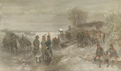 Franse Troepen Trekken Over Een Bevroren Rivier