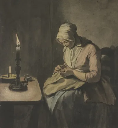 Frau Im Kerzenschein Bei Der Handarbeit