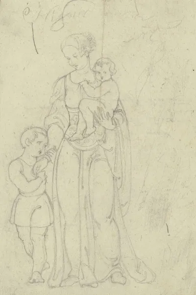 Frau Im Renaissance Habit Mit Einem Kind Auf Dem Arm Und Einem Jungen Zu Ihrer Rechten