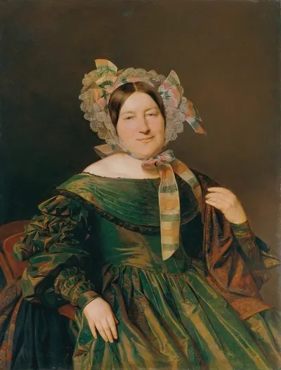 Frau In Grunem Lachsrot Changierendem Kleid