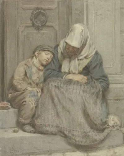 Frau Mit Knabe Vor Einer Ture Schlafend