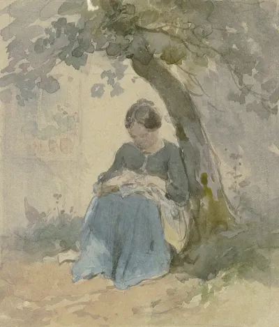 Frau Mit Naharbeit Unter Einem Baum Sitzend