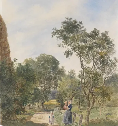 Frau Mit Zwei Kindern In Einer Parklandschaft