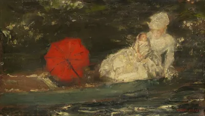 Frau Und Kind Im Freien Mit Rotem Parasol