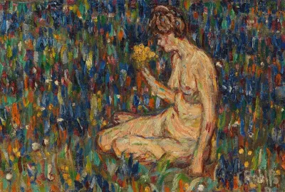 Frauenakt Mit Gelbem Blumenstraus Madchen Auf Der Wiese