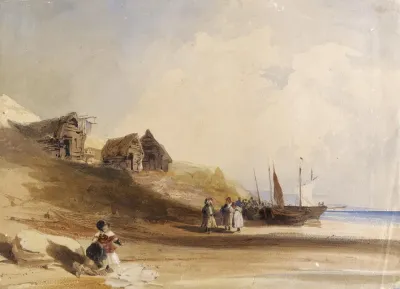 French Coastal Scene Wtih Figures Boats And Fishing Shacks