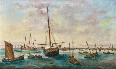 French Sailing Ships Amidst Numerous Fishing Boats Off The French Coast