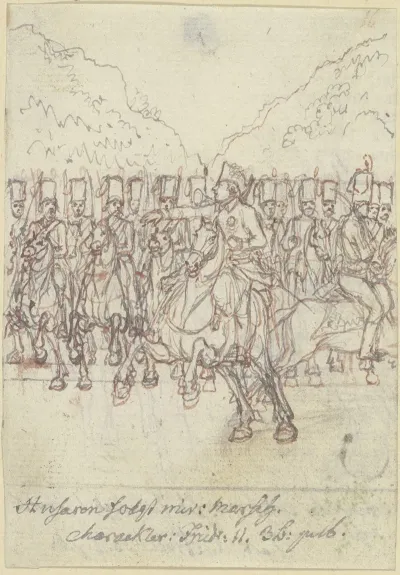 Friedrich Der Grose Zu Pferde Vor Einer Gruppe Von Husaren