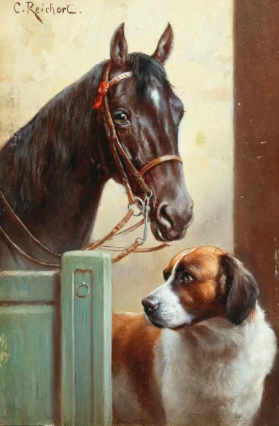 Friends A Bay And A St Bernard In A Stable