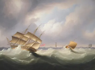 Frigate Off A Lighthouse