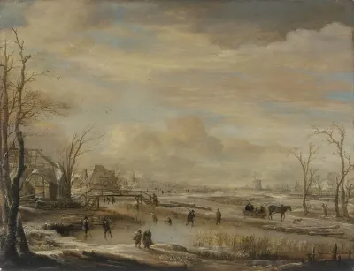 Frozen River With A Footbridge