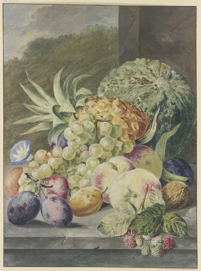 Fruchtstuck Melone Ananas Trauben Pfirsiche Pflaumen Nusse